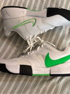 Nike White Sneakers with Neon Green Swoosh and Black Accents